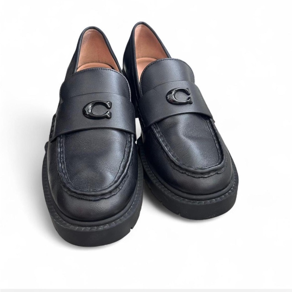 COACH “Leah” Lug Sole Black Leather Loafers